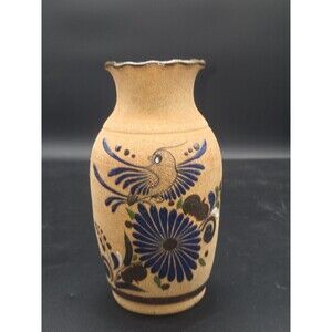 Vintage Tonala Bird Mexican Folk Art Hand Painted Pottery Stoneware Vase 8.5 "